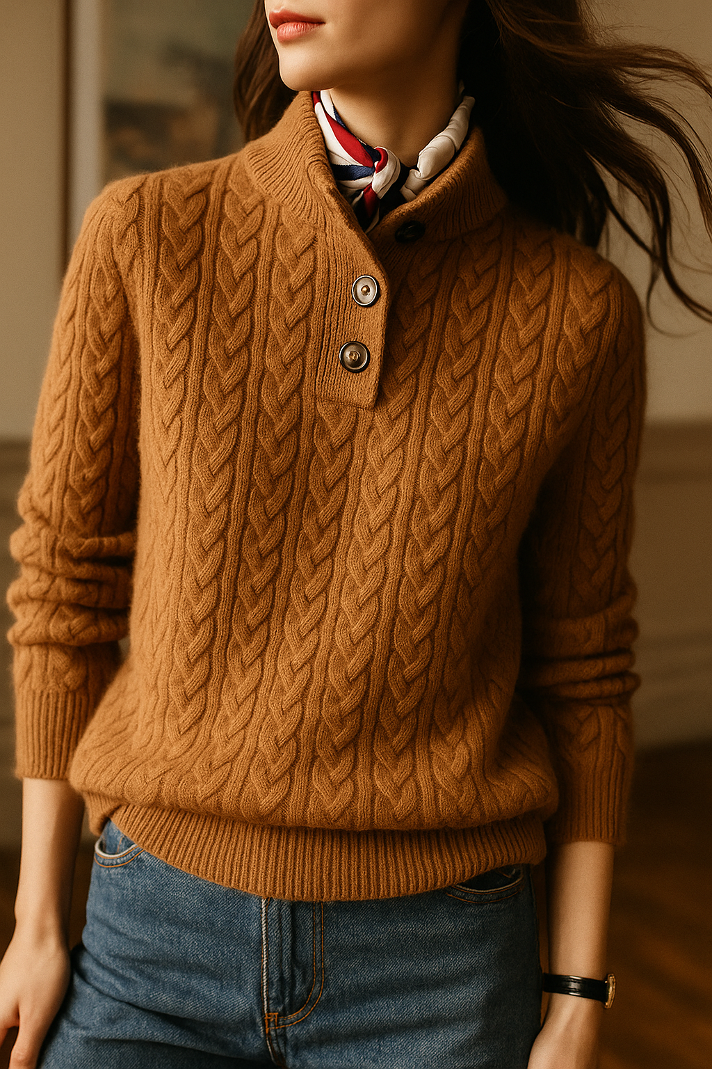 Arden Button-Up Cashmere Blend Cable-Knit Slim Fit Sweater