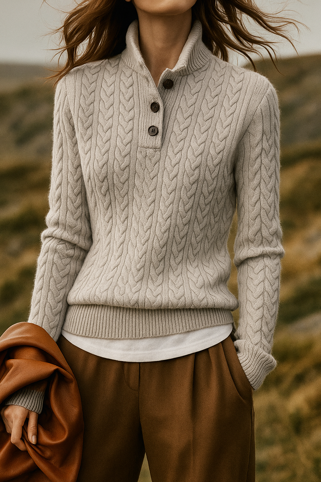 Arden Button-Up Cashmere Blend Cable-Knit Slim Fit Sweater