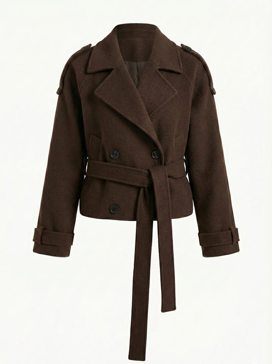 Camille | Brown Wool Blend Cropped Trench Jacket - main view
