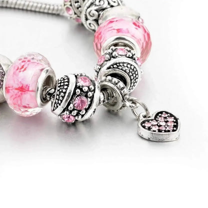Pink Hearts Silver Plated Charm Bracelet Set