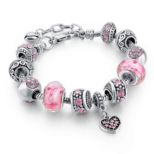 Pink Hearts Silver Plated Charm Bracelet Set - main view