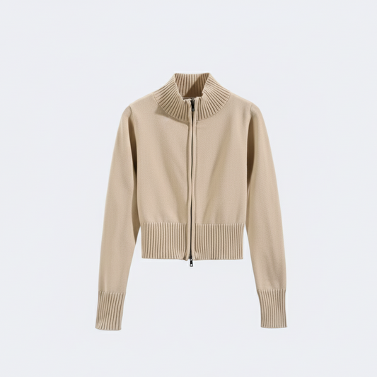 Judy | Women's Beige Zip-Up Knit Cardigan - main view