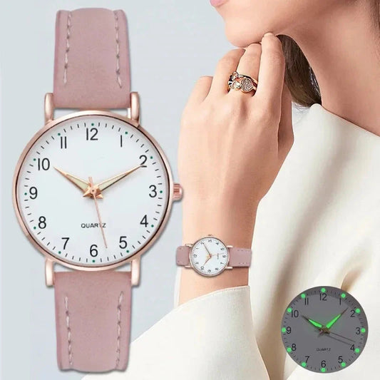 Women's Luminous Classic Watch with Leather Strap - main view